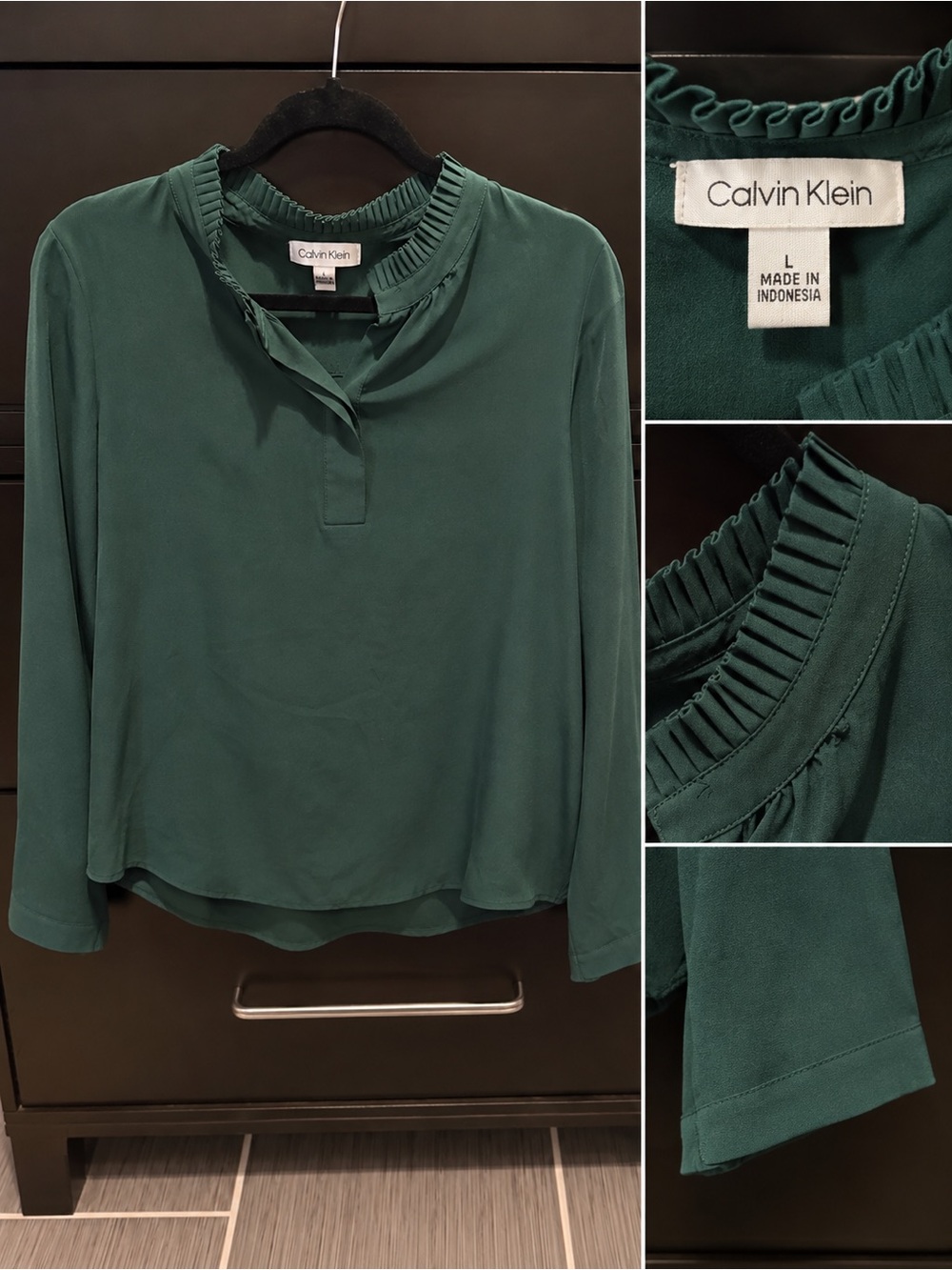 Calvin Klein Dark Green Ruffle-Neck Long Sleeve Blouse